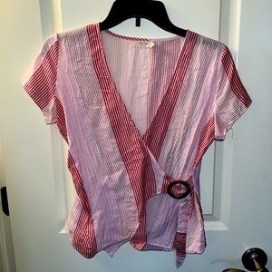 Red striped wrap blouse